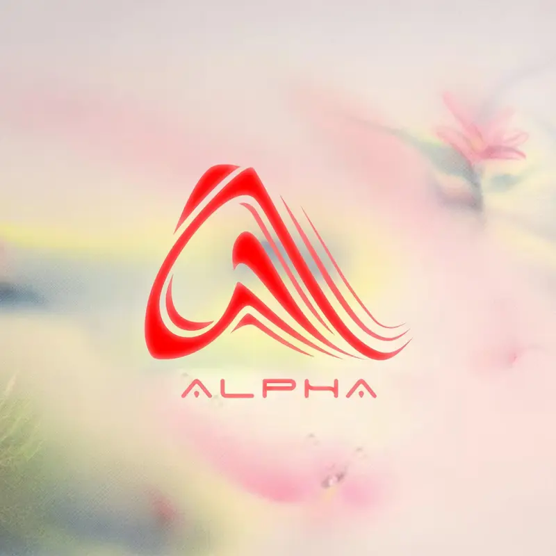 Logo chữ A dạng sóng của ALPHA Nha Trang màu đỏ trên nền pastel mờ