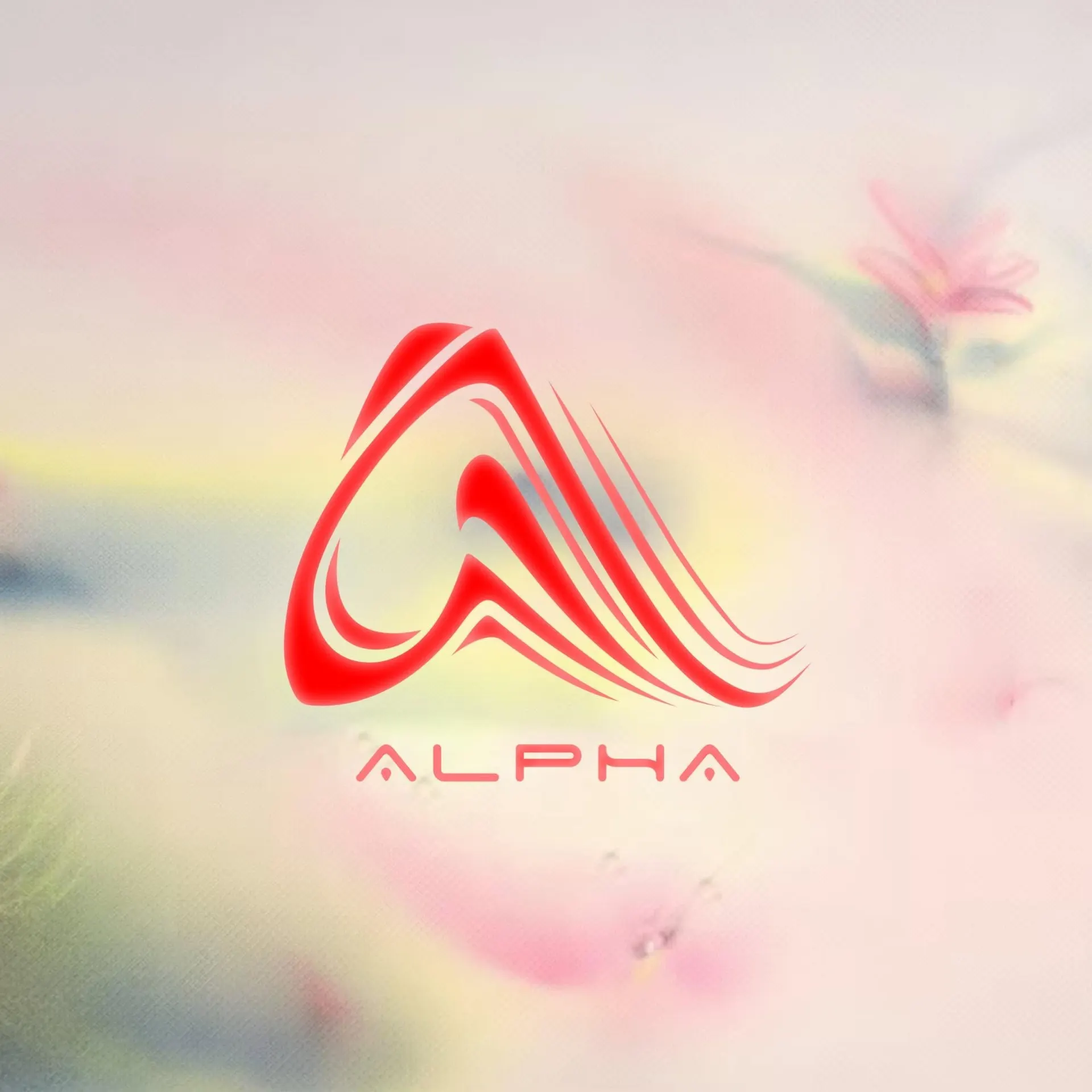 Logo chữ A dạng sóng của ALPHA Nha Trang màu đỏ trên nền pastel mờ