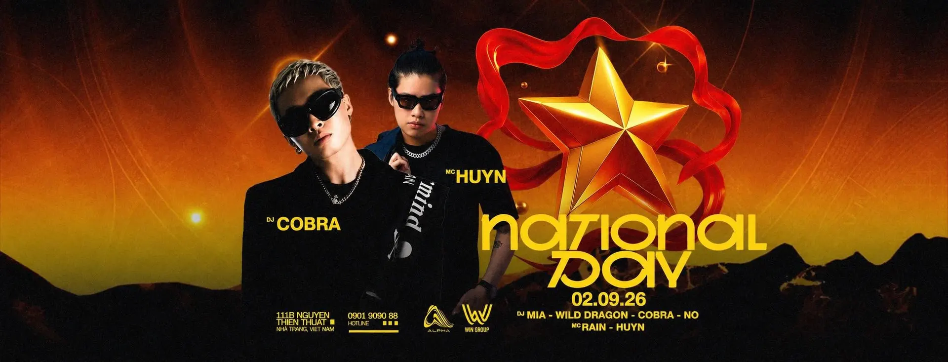 Poster đêm National Day 02.09.26 tại ALPHA Nha Trang với ngôi sao vàng và dàn DJ, MC
